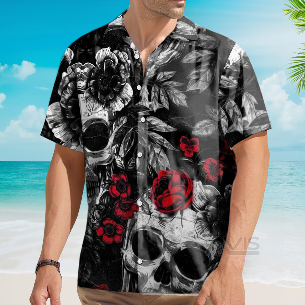 Skull Rose Print Black And Red - Hawaiian Shirt