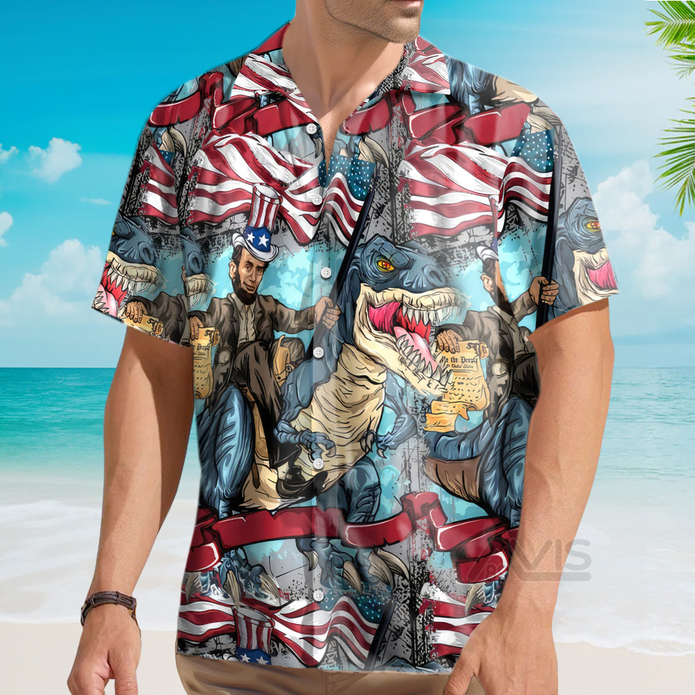 Abraham Lincoln The US Flag And Dinosaur - Hawaiian Shirt
