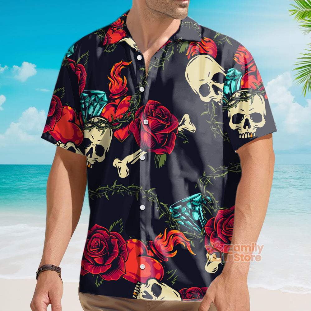 Vintage Black Skull Heart Rose Easy Care - Hawaiian Shirt