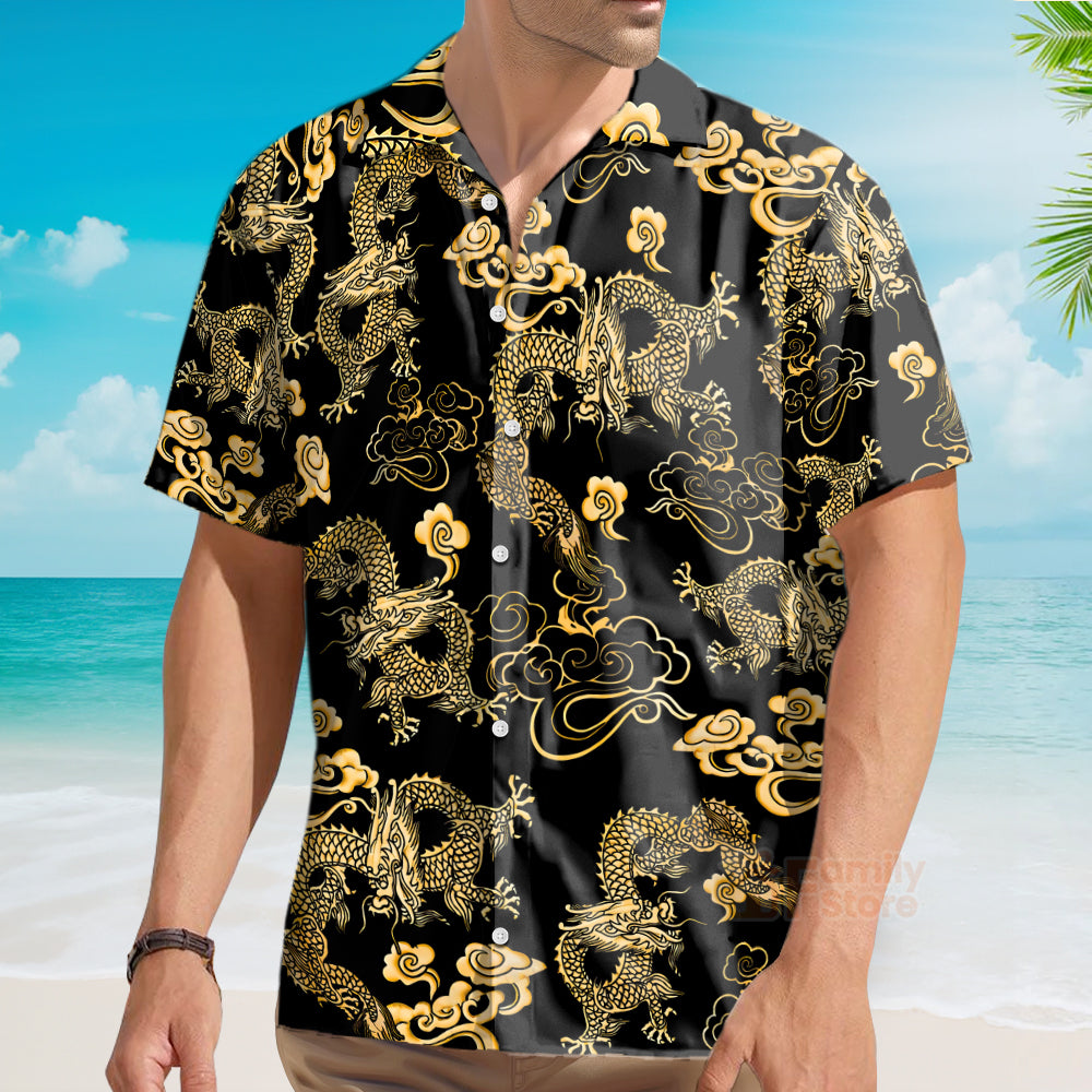 Black Gold Oriental Dragon Hawaiian Shirt