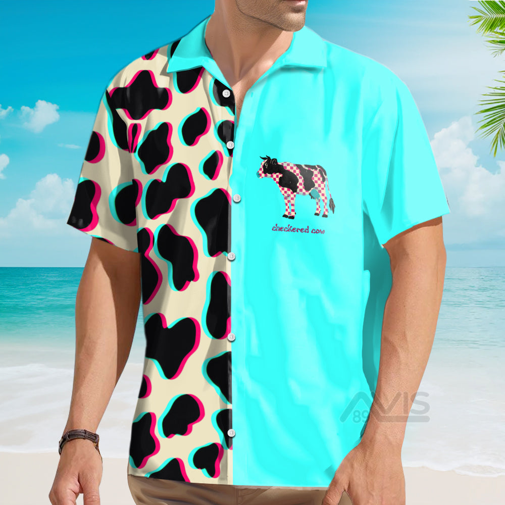 Checkered Cow Pattern Cream And Blue - Hawaiian Shirt