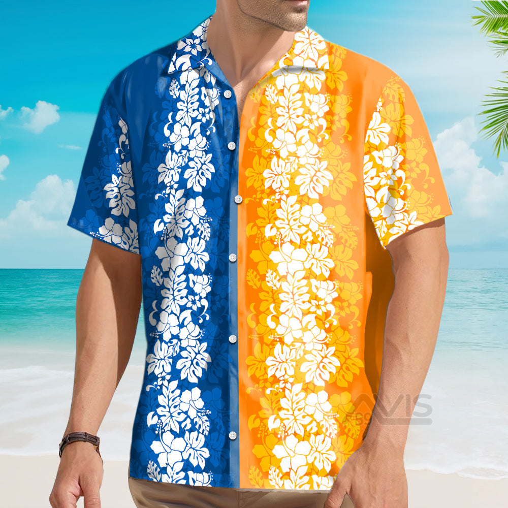 Hibiscus Pattern Orange And Blue - Hawaiian Shirt