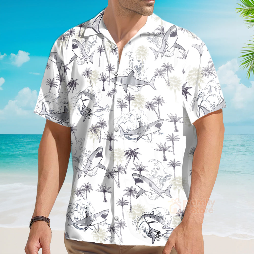 Retro Palm Tree & Shark Print Hawaiian Shirt - Beach Themed