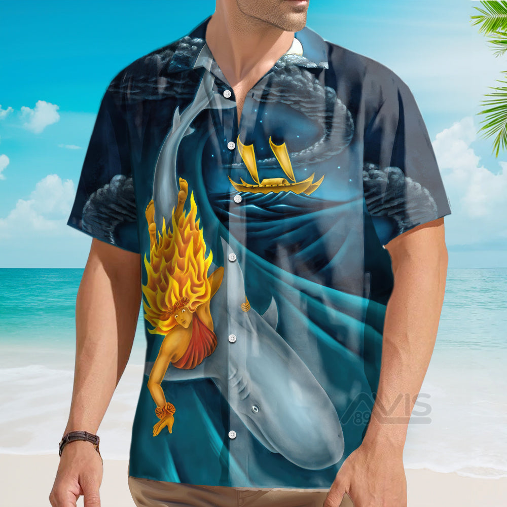 Shark Surfing In The  Ocean Blue Pattern - Hawaiian Shirt