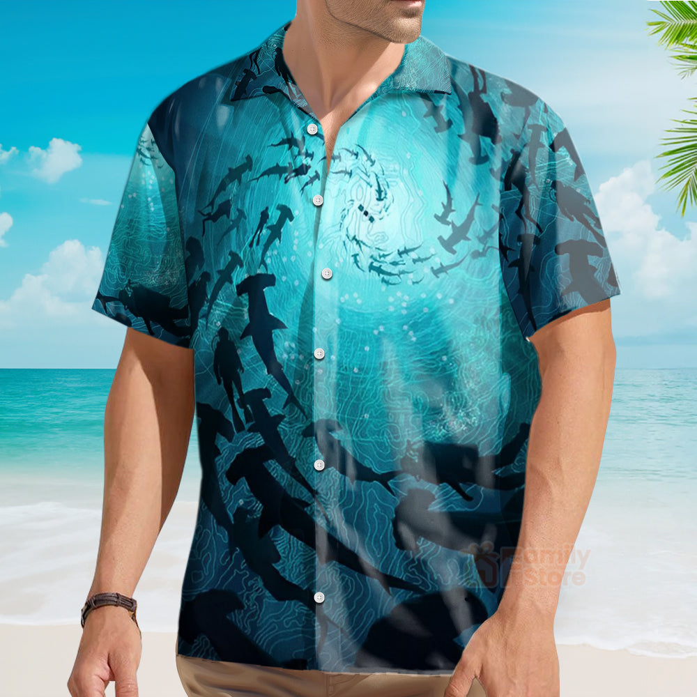 Ocean Themed Marine Life Shark - Chest Pocket Short Sleeve Hawaiian Shirt