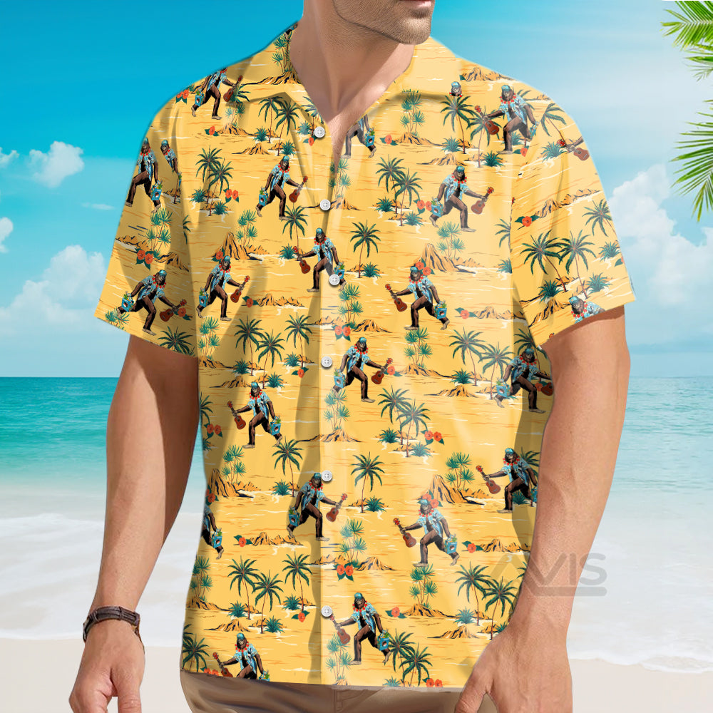 Coconut Tree Bigfoot With Guitar Yellow - Hawaiian Shirt