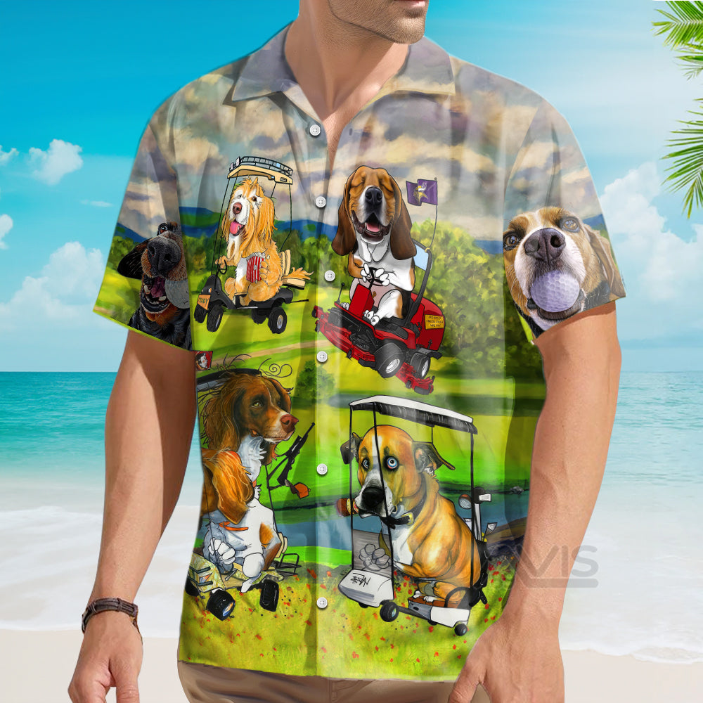 Golf Dog Driving Golf Cart Art Style - Gift For Dog Lovers - Hawaiian Shirt