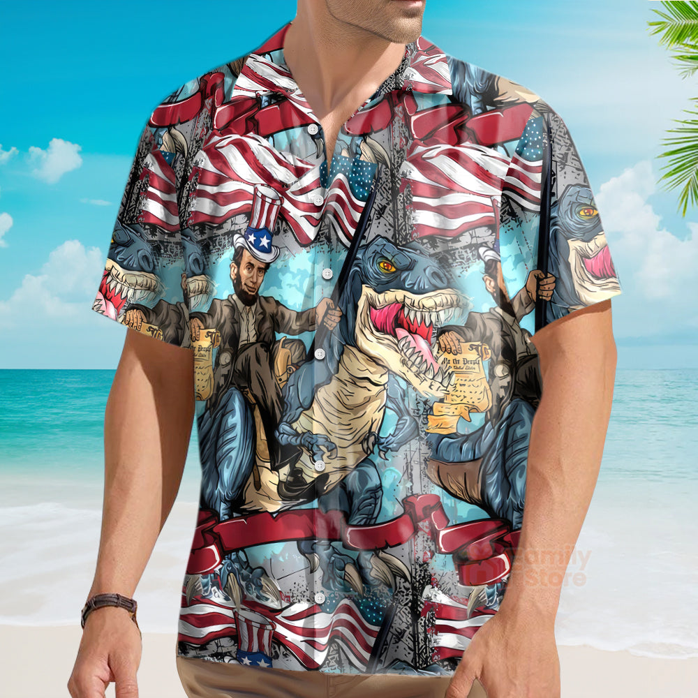 Flag Dinosaur Chest Pocket Short Sleeve Casual Shirt Hawaiian Shirt