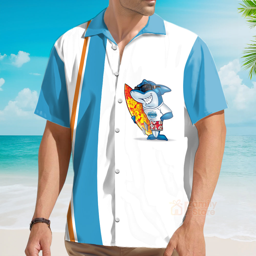 Cartoon Retro Surf Shark Chest Pocket Short Sleeve Hawaiian Shirt