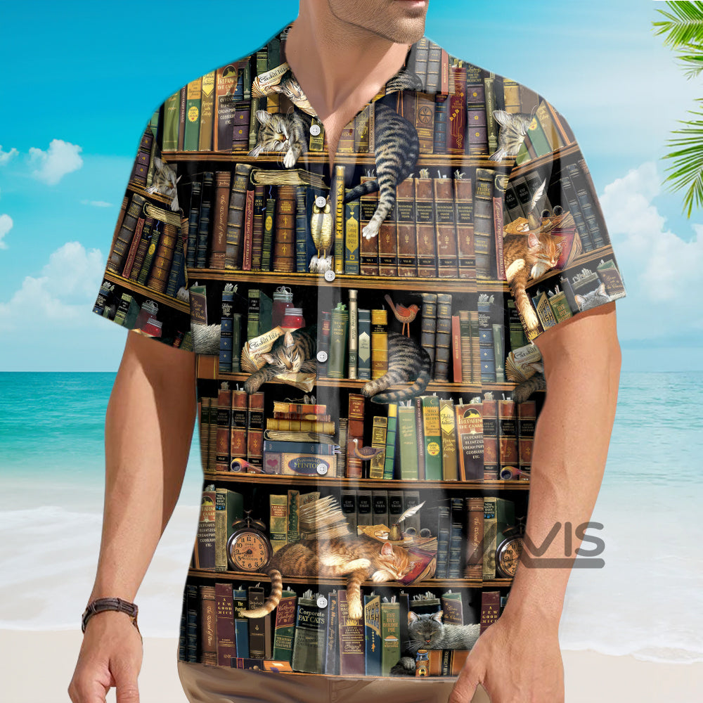 Book And Cat Vintage - Gift For Cat Lovers - Hawaiian Shirt