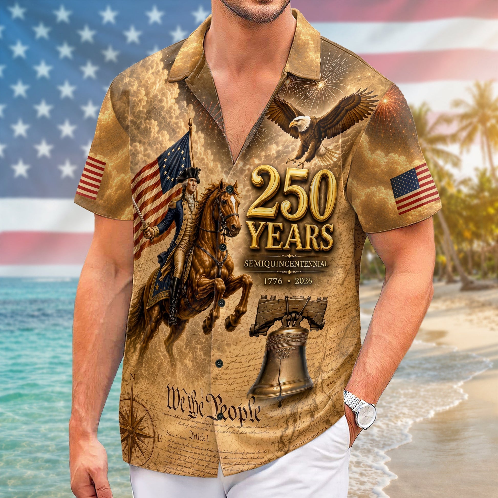 250 Years George Washington US Flag Liberty Bell Hawaiian Shirt - Patriotic Gift For Him