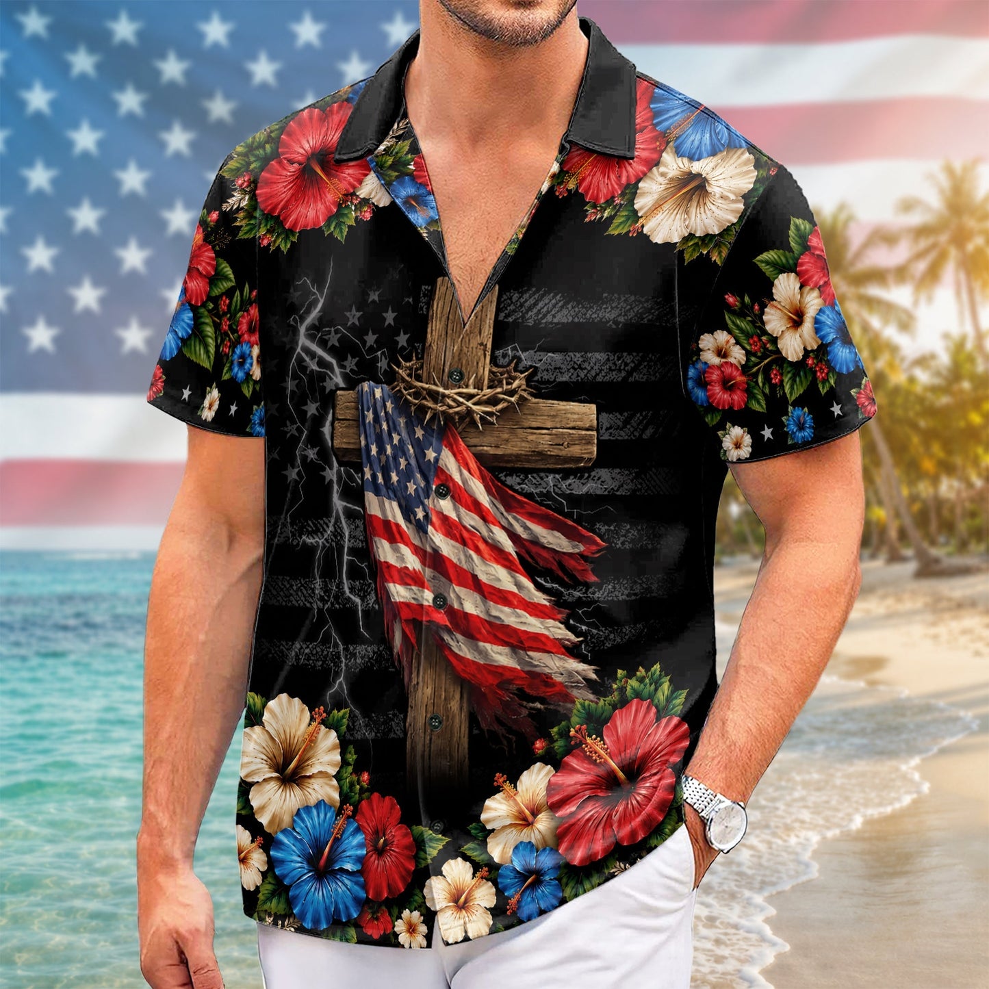 Christian Under God Cross US Flag 1776 2026 Floral Hawaiian Shirt - Patriotic Gift For Him