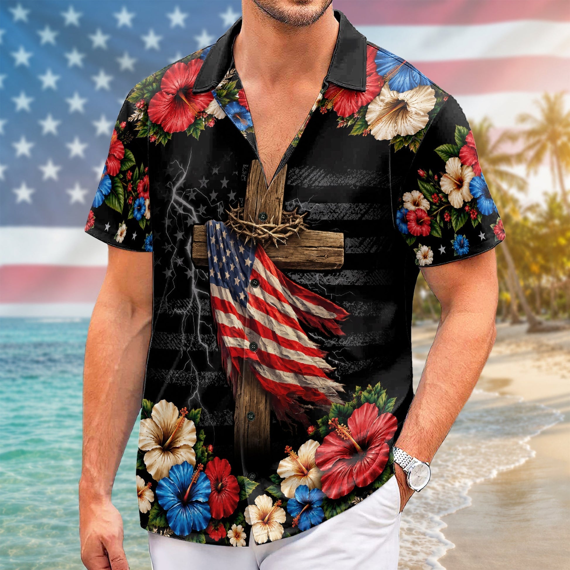 Christian Under God Cross US Flag 1776 2026 Floral Hawaiian Shirt - Patriotic Gift For Him