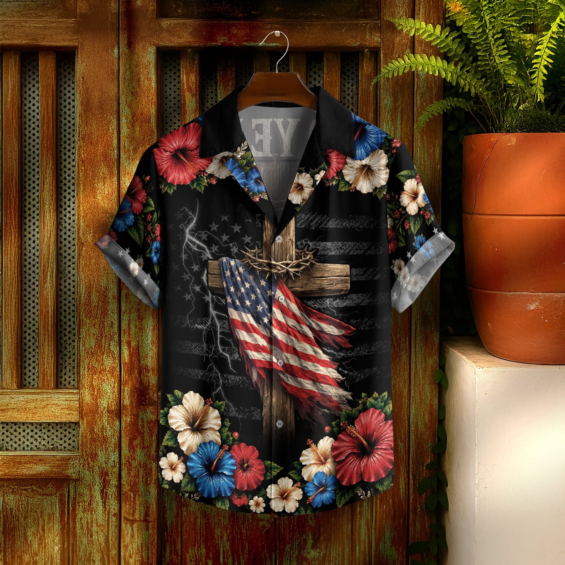 Christian Under God Cross US Flag 1776 2026 Floral Hawaiian Shirt - Patriotic Gift For Him