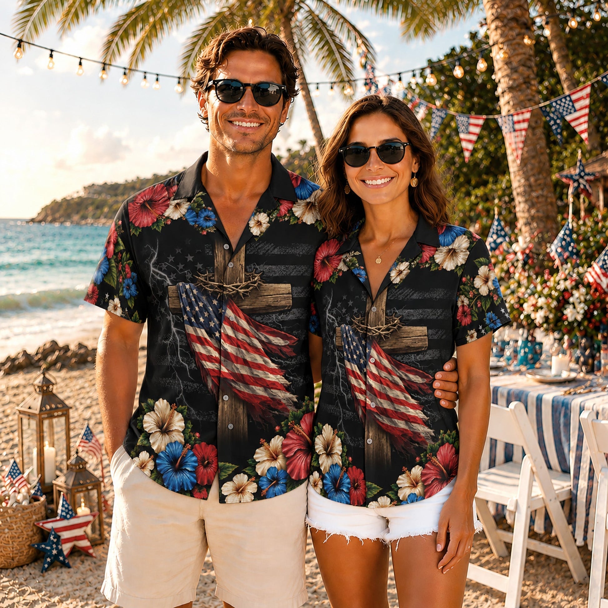 Christian Under God Cross US Flag 1776 2026 Floral Hawaiian Shirt - Patriotic Gift For Him