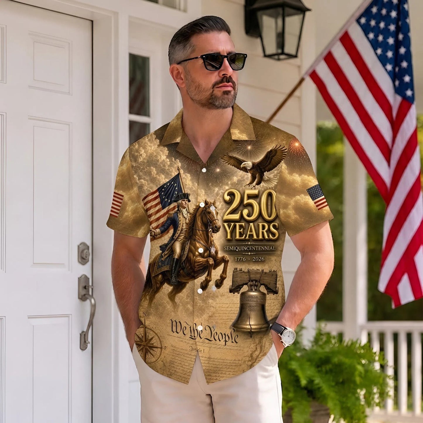 250 Years George Washington US Flag Liberty Bell Hawaiian Shirt - Patriotic Gift For Him