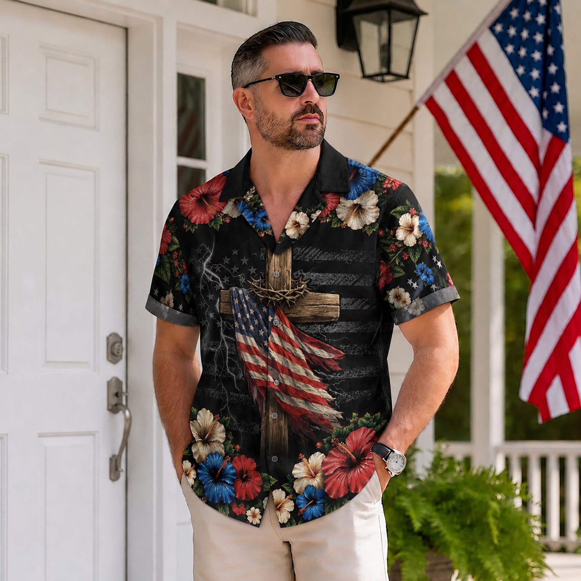 Christian Under God Cross US Flag 1776 2026 Floral Hawaiian Shirt - Patriotic Gift For Him
