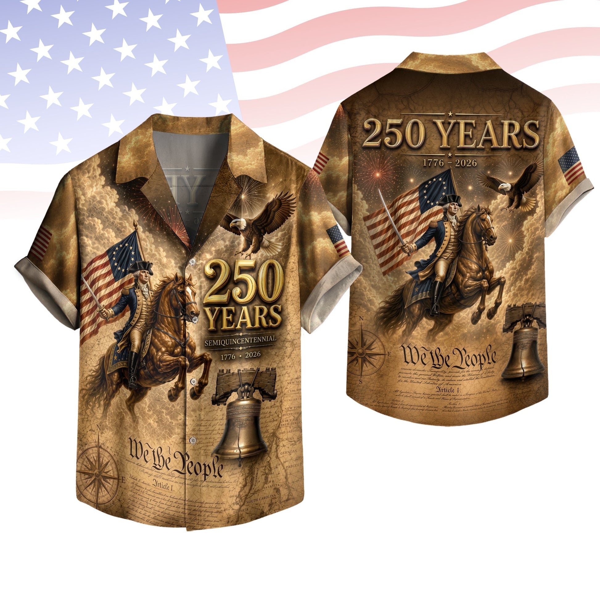 250 Years George Washington US Flag Liberty Bell Hawaiian Shirt - Patriotic Gift For Him