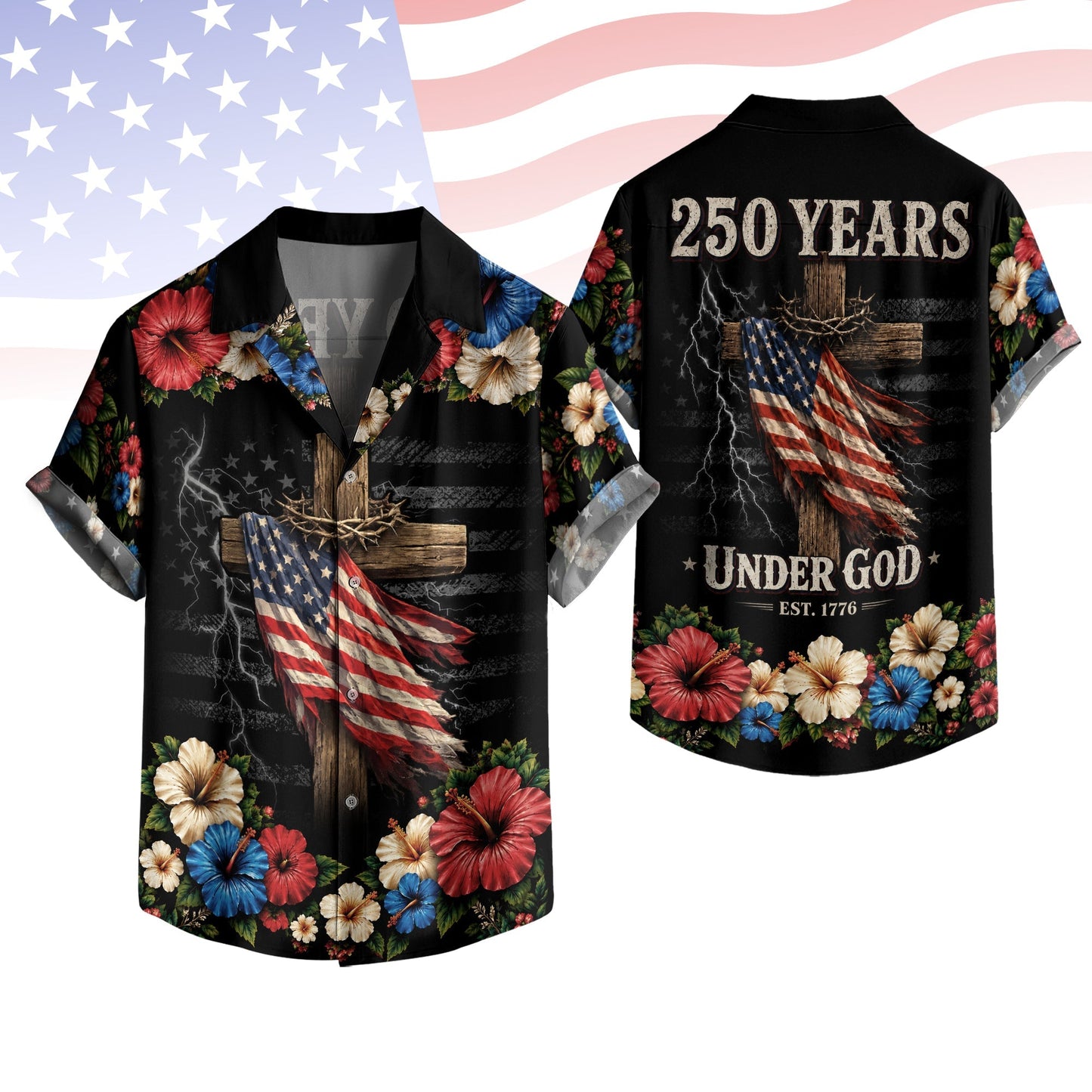 Christian Under God Cross US Flag 1776 2026 Floral Hawaiian Shirt - Patriotic Gift For Him