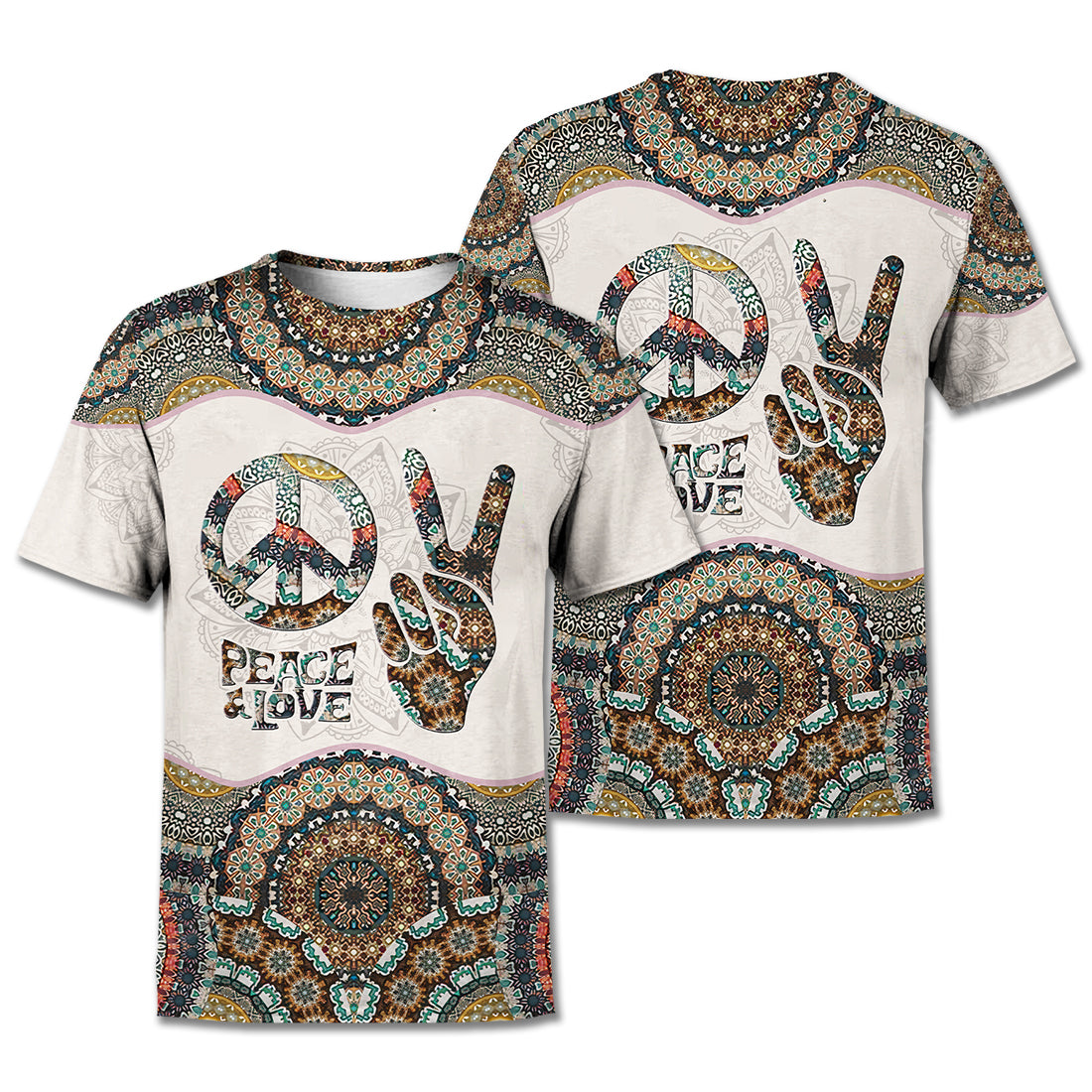 Hippie Hoodie Peace Sign Hand Mandala Green White T-shirt Hoodie Adult Unisex Full Print