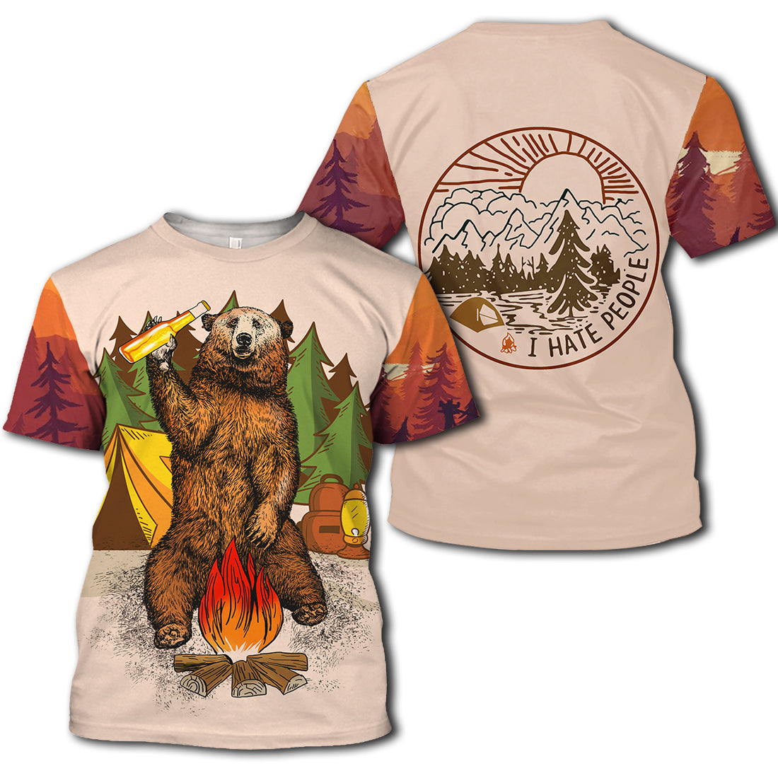 Camping Hoodie Camping Bear T Shirt Hoodie - I Hate People Camping T-shirt Hoodie Adult Unisex Full Print Orange 4XL Men Women