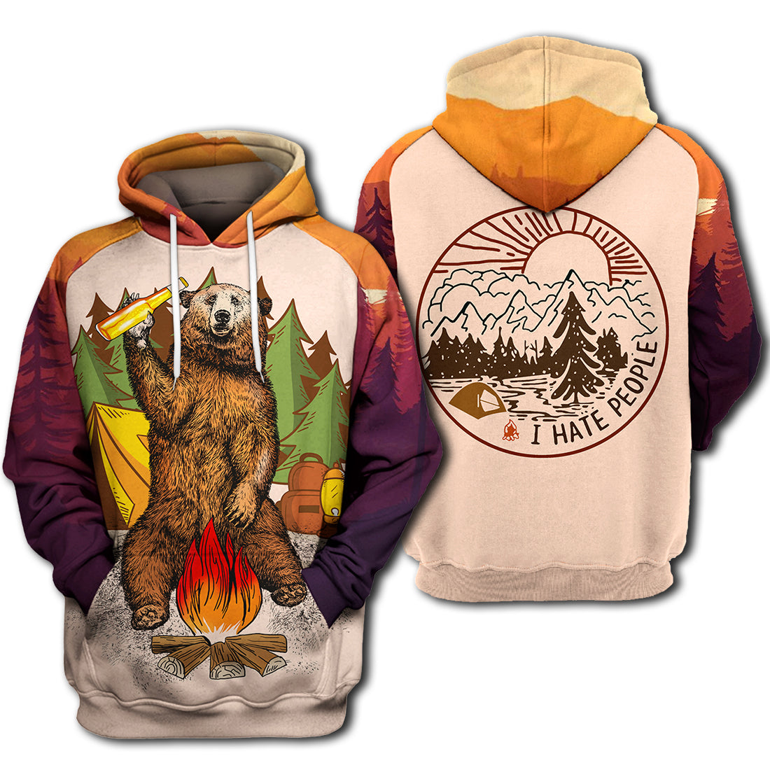 Camping Hoodie Camping Bear T Shirt Hoodie - I Hate People Camping T-shirt Hoodie Adult Unisex Full Print Orange 4XL Men Women