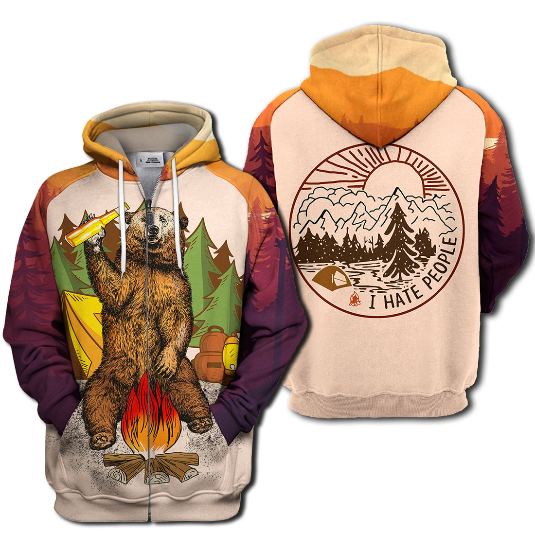 Camping Hoodie Camping Bear T Shirt Hoodie - I Hate People Camping T-shirt Hoodie Adult Unisex Full Print Orange 4XL Men Women