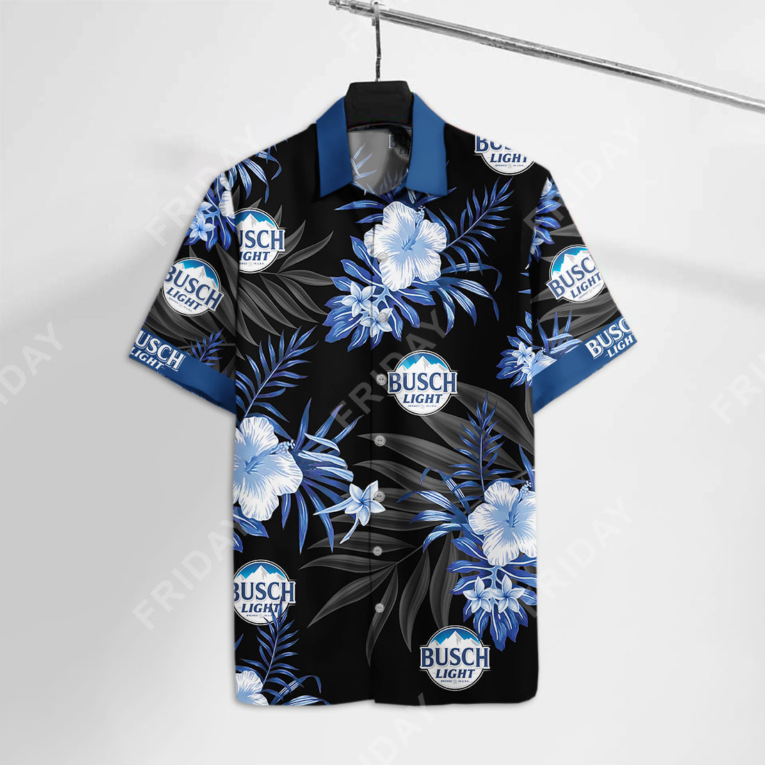  Beer Hawaiian Shirt Busch Light Logo Hibiscus Flower Pattern Blue Black