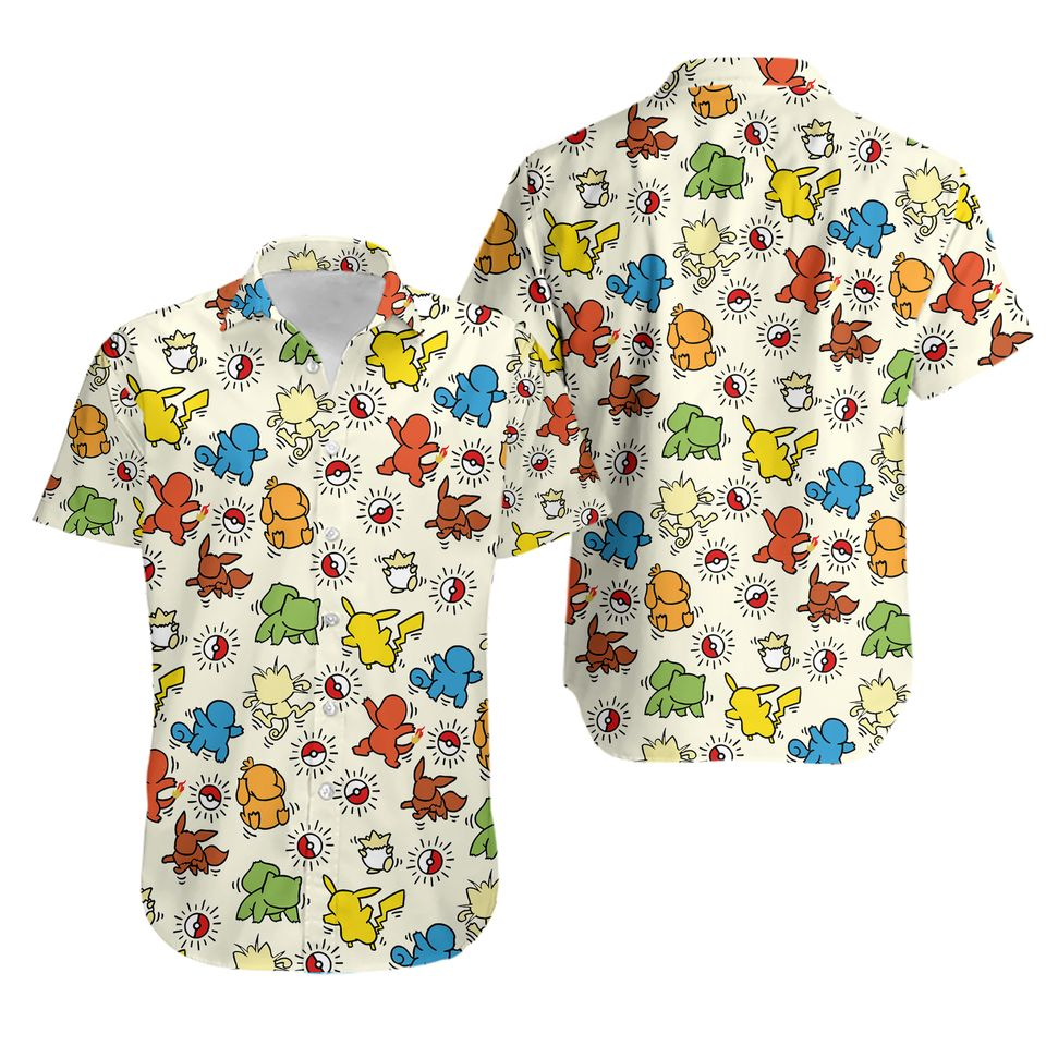 NoClaws Pokemon Hawaii Shirt Pika Squirtle Pokemon Silhouette Pattern Aloha Shirt Colorful Unisex