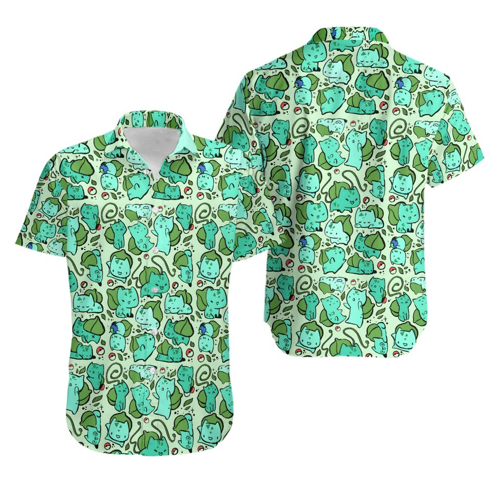 NoClaws Pokemon Hawaii Shirt Pokemon Bulbasaur Chibi Pattern Aloha Shirt Green Unisex