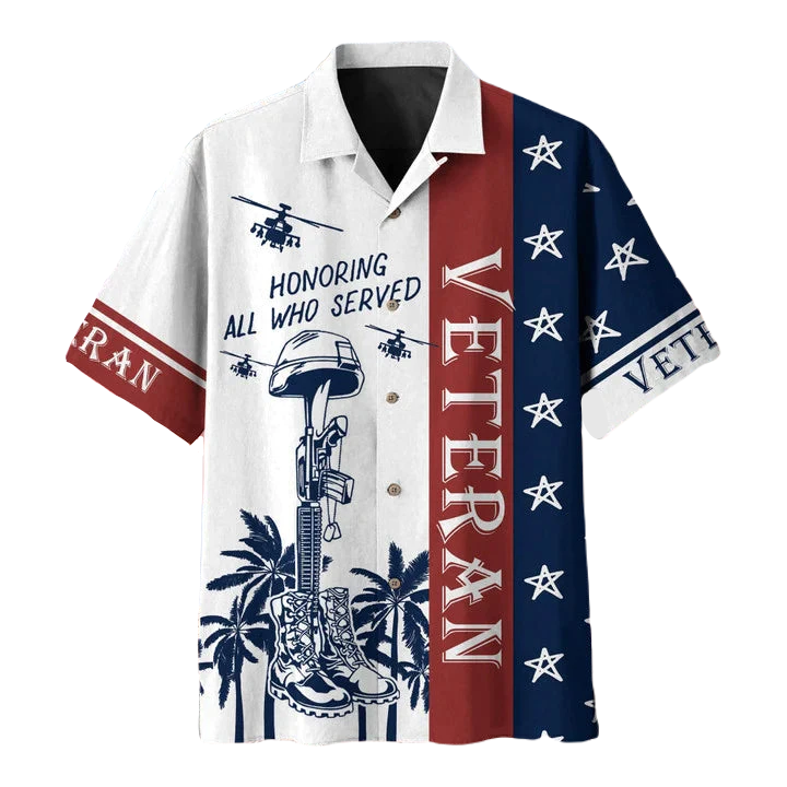 NoClaws Veteran Hawaii Shirt Honoring All Who Served Aloha Shirt Red Blue White Unisex