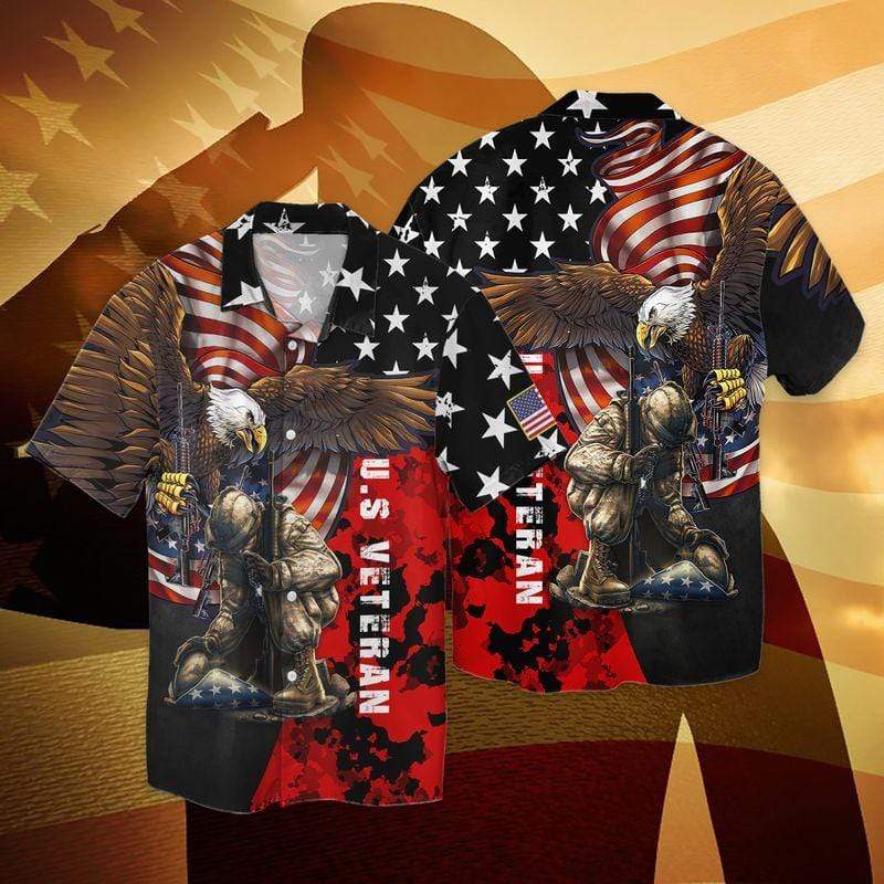 Veteran Hawaii Shirt Black And Red Flag Eagle Soldier Hawaiian Aloha Shirt Father Day Gift