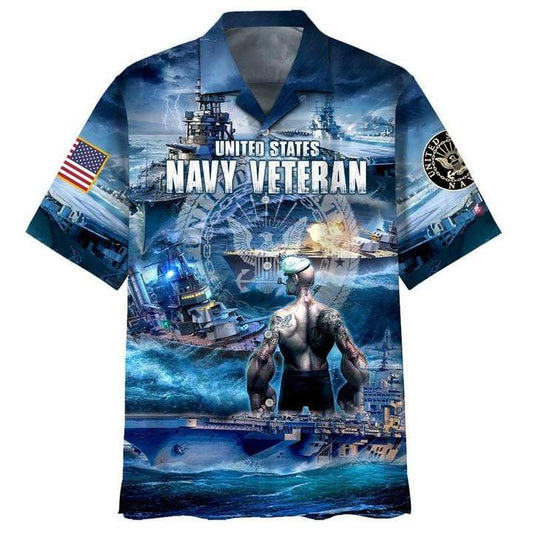 US Navy Veteran Hawaiian Shirt Blue Full Size Adult Colorful Aloha Shirts