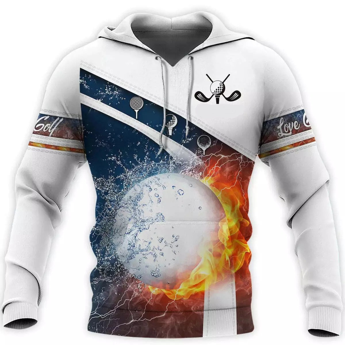 Golf Hoodie Golf Club Golf Ball Fire And Water Hoodie White Unisex