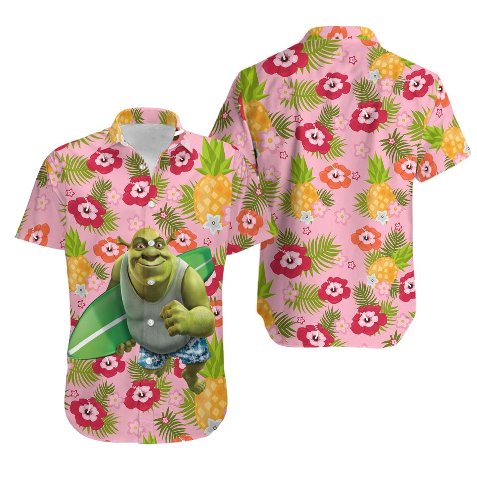 NoClaws Shrek Hawaii Shirt Shrek Surfboard Tropical Flower Pattern Aloha Shirt Pink Unisex