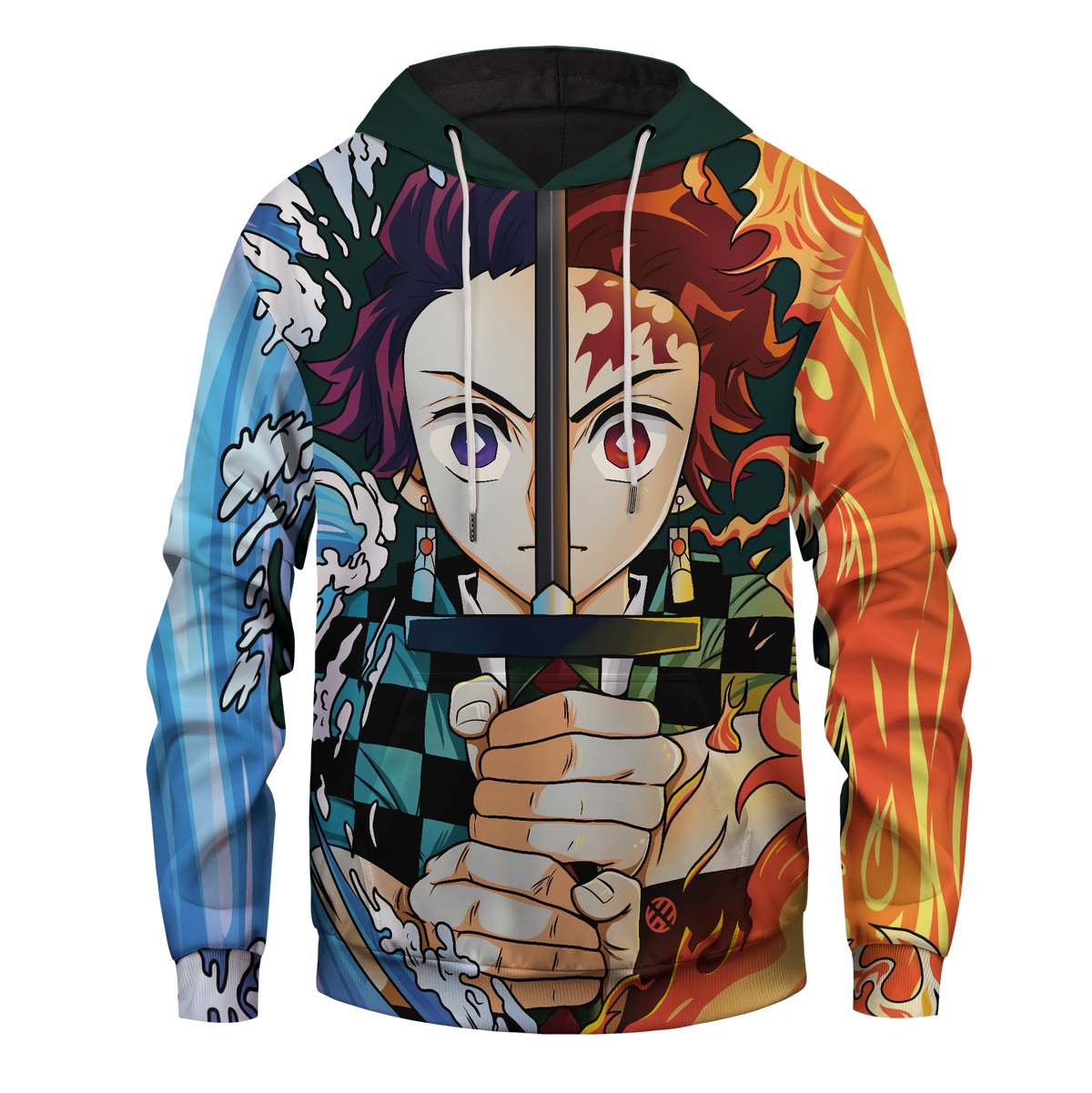 Demon Slayer Hoodie Tanjiro Kamado Water Fire Kimetsu No Yaiba Logo Hoodie Demon Slayer Apparel
