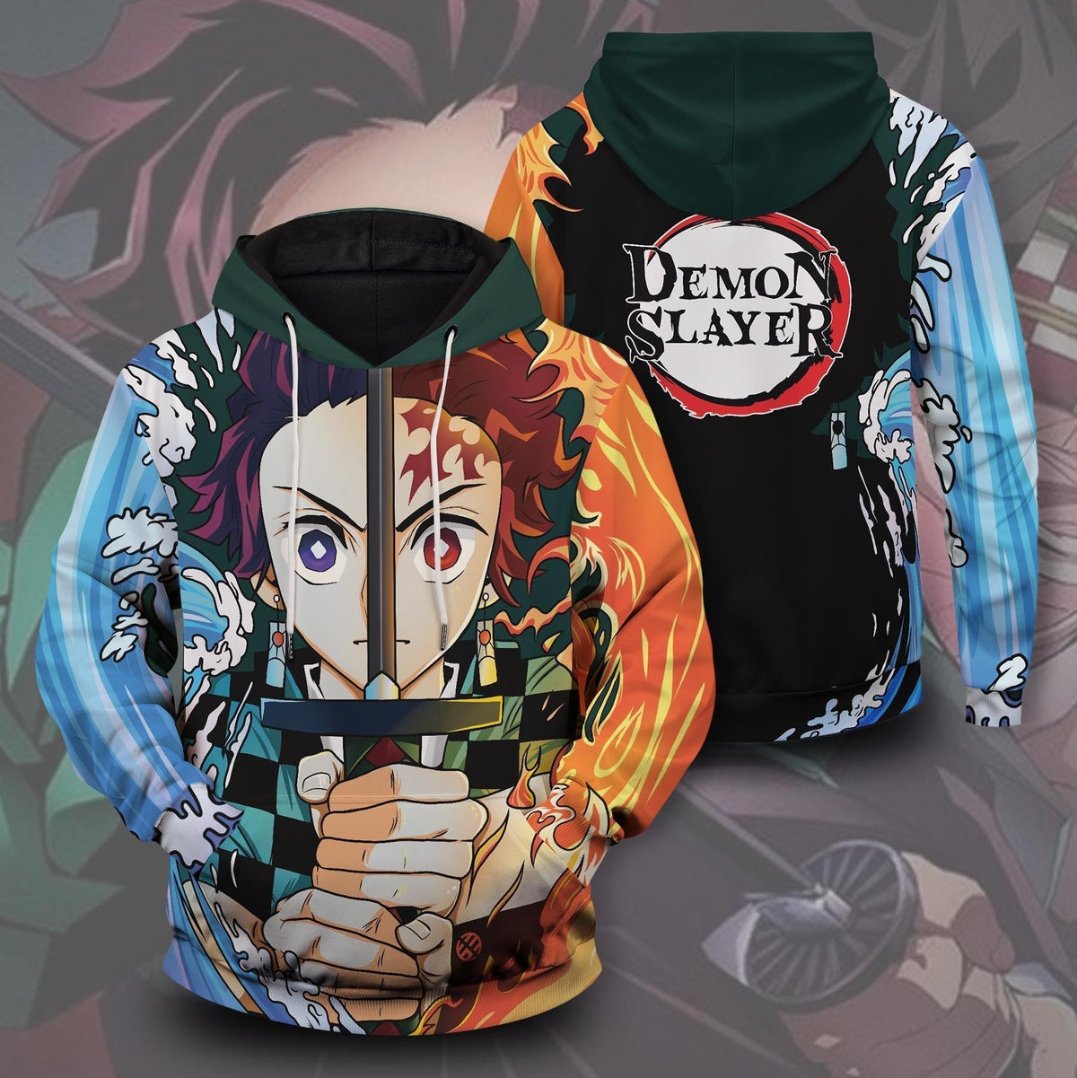 Demon Slayer Hoodie Tanjiro Kamado Water Fire Kimetsu No Yaiba Logo Hoodie Demon Slayer Apparel
