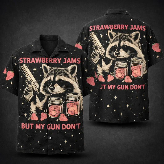 Funny Raccoon Gun Hawaiian Shirt, Strawberry Jams Humor Aloha Shirt, Meme Graphic Shirt