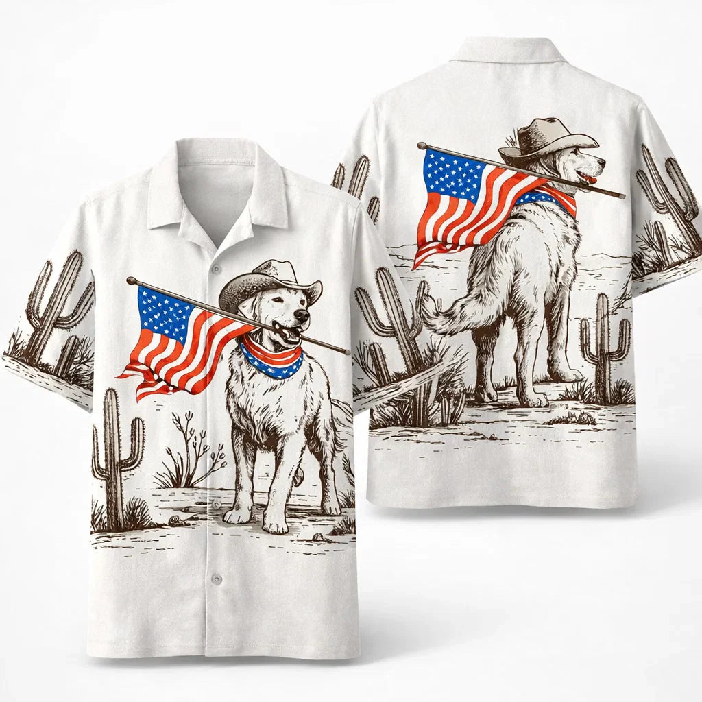 American Flag Dog Hawaiian Shirt, Cowboy Dog Aloha Shirt, Patriotic Western Shirt