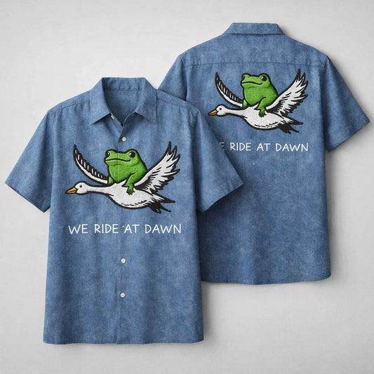 Funny Frog Riding Duck Hawaiian Shirt, We Ride At Dawn Aloha Shirt, Meme Animal Shirt