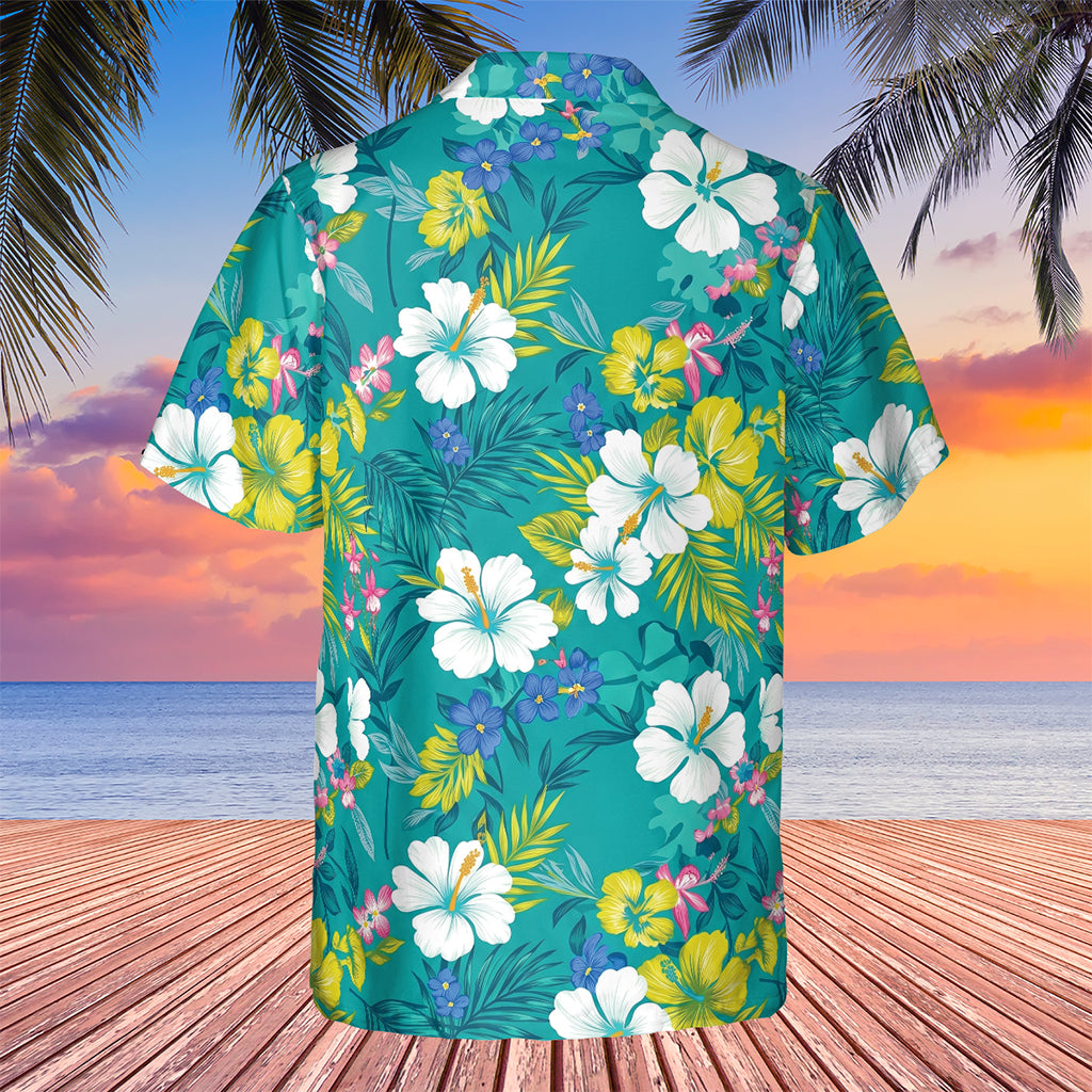 The Karate Kid Mr. Miyagi Teal Oasis Hibiscus Hawaiian Shirt - Tazila