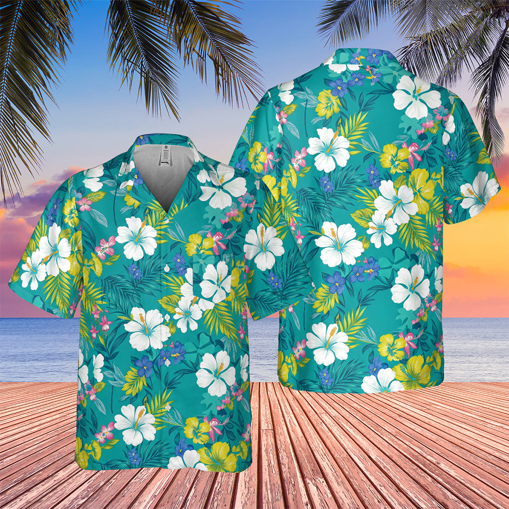 The Karate Kid Mr. Miyagi Teal Oasis Hibiscus Hawaiian Shirt - Tazila
