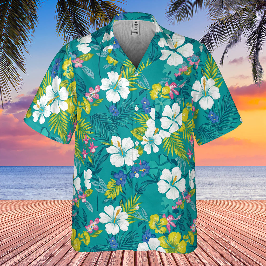 The Karate Kid Mr. Miyagi Teal Oasis Hibiscus Hawaiian Shirt - Tazila