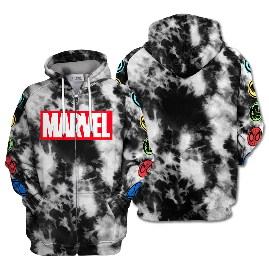MV T-Shirt MV Super Hero Symbols Tie Dye Black White Hoodie MV Hoodie